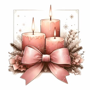 12 candele natalizie PNG – clipart di candele rosa vintage con fiocco e pino – arte festiva per biglietti, sublimazione o decorazioni invernali