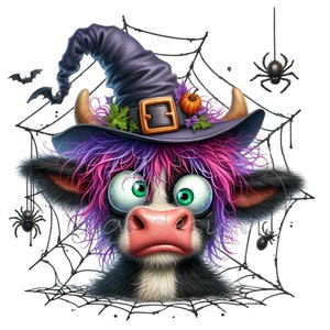 15 Highland Cow Witch Clipart PNG - Mucca soffice con cappello da strega Download digitale - Mucca di Halloween con design ragnatela