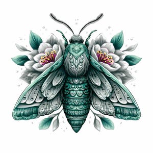 May include: A detailed illustration of a teal and white moth with intricate patterns. The moth is centered, flanked by two white flowers with pink and yellow centers and teal leaves. The artwork is set against a white background.