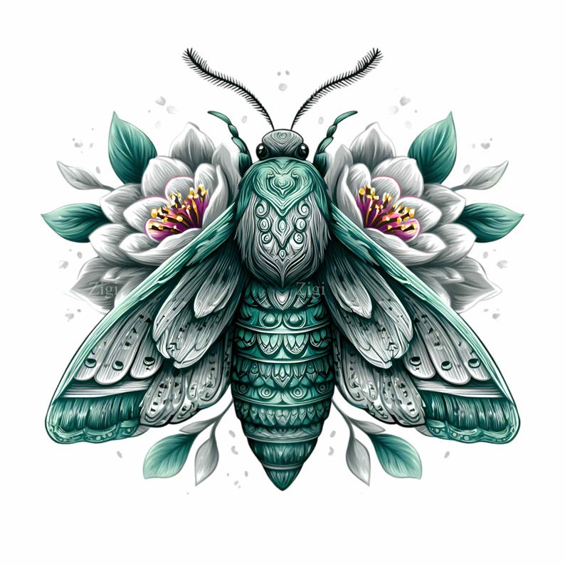 May include: A detailed illustration of a teal and white moth with intricate patterns. The moth is centered, flanked by two white flowers with pink and yellow centers and teal leaves. The artwork is set against a white background.