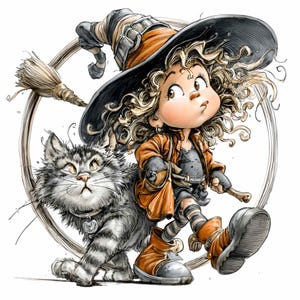 14 PNG気まぐれな魔女 - ハロウィーンの女の子と猫のPNGクリップアート - 秋の工芸品、パーティーの装飾、魔法のデザインのためのかわいい不気味なイラスト