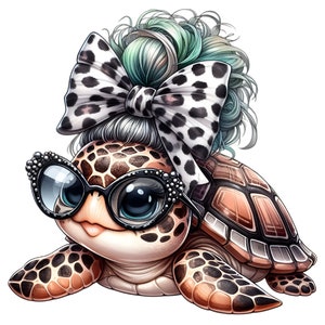 May include: A cartoon turtle wearing black framed glasses with rhinestones and a black and white spotted bow on its head. The turtle has a brown and orange shell with a light brown face and blue eyes.