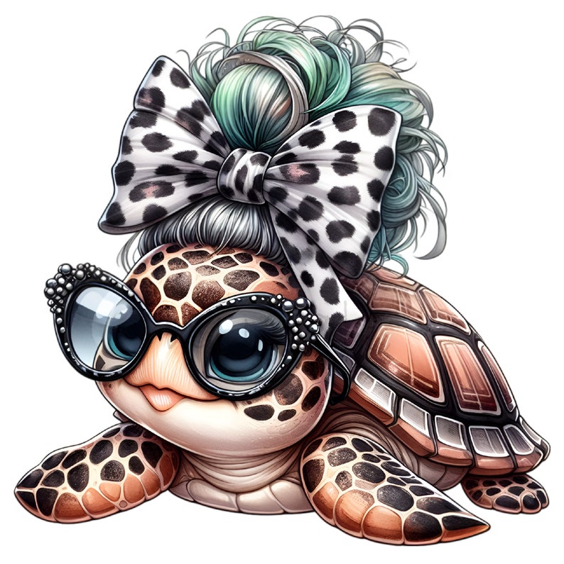 May include: A cartoon turtle wearing black framed glasses with rhinestones and a black and white spotted bow on its head. The turtle has a brown and orange shell with a light brown face and blue eyes.