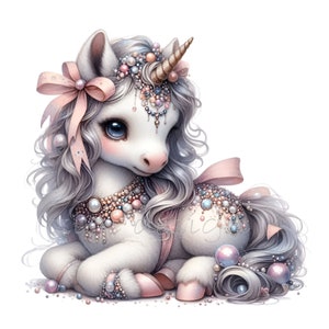 15 elegantes unicornios PNG, unicornios de perlas, unicornios femeninos, fondo transparente, arte de fantasía. Hermoso unicornio con perlas