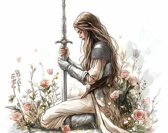 35 JPEG Kneeling Woman Knight Clipart with Sword and Flowers, Medieval Warrior Female Digital Art, Fantasy Floral Armor JPG Download