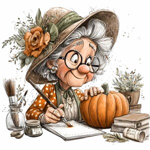 May include: A cartoon illustration of an elderly woman wearing a hat and glasses, painting a pumpkin. She is dressed in an orange polka-dot shirt and green apron. A pumpkin, paintbrushes, and books are on the table, with an autumnal theme.
