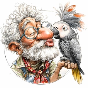 10 PNG Lustige Papageien Kunst - Opa und exotische Vogel PNG Clipart - Wunderliche Tier-Illustration für Tierliebhaber, Karten und Dekor