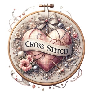 Könnte beinhalten: Ein rosafarbenes herzförmiges Kreuzstich-Design mit den Worten "CROSS STITCH" auf einem weißen Band, umgeben von Perlen und Perlen, in einem hölzernen Stickrahmen.