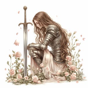 May include: An illustration of a person in silver armor kneeling beside a large sword. The person has long brown hair and is surrounded by pink roses and petals. The image has a soft, romantic feel.