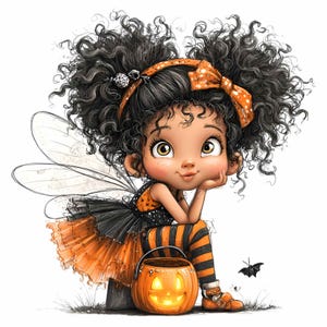 May include: A whimsical illustration of a Halloween fairy with curly black hair, wearing an orange and black outfit, and holding a glowing jack-o'-lantern. The fairy is sitting and has translucent wings. A small bat flies nearby.
