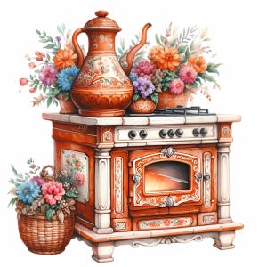 12 imágenes prediseñadas de estufa vintage (PNG): arte floral de tetera de cocina, decoración retro para proyectos de cocina, repostería o diseño de cabañas.