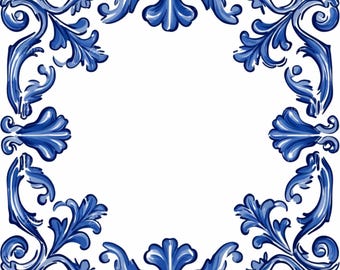 20 Dark Blue Baroque Floral Frame PNG, Ornate Vintage Border Clipart, Decorative Tile Flourish Frame for Invitations