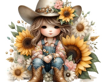 Può includere: Una bambina con un cappello da cowboy e una salopette di jeans è seduta circondata da girasoli. Ha i capelli lunghi e castani e indossa stivali da cowboy marroni.