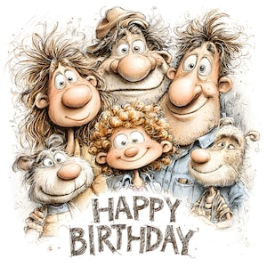 10 JPEG grillige karakters – Happy Birthday JPG – grappige familie clipart voor kaarten, uitnodigingen, scrapbooking, afdrukbare kunst
