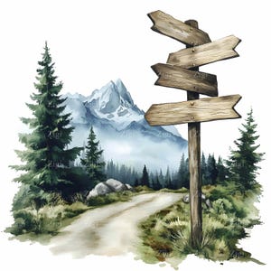 16 imágenes prediseñadas de letreros de madera rústicos en formato JPEG, ilustración de paisaje de sendero de montaña, arte digital de aventura, descarga en formato JPG