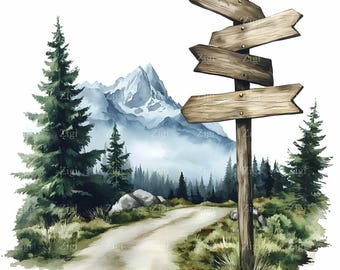 16 JPEG Rustic Wooden Signpost Clipart, Mountain Trail Landscape Illustration, Adventure Digital Art JPG Download