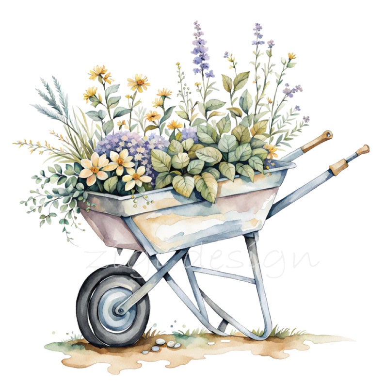 May include: A vintage metal wheelbarrow filled with a variety of colorful flowers, including purple, yellow, and blue blooms. The wheelbarrow is sitting on a dirt path with a few small rocks.