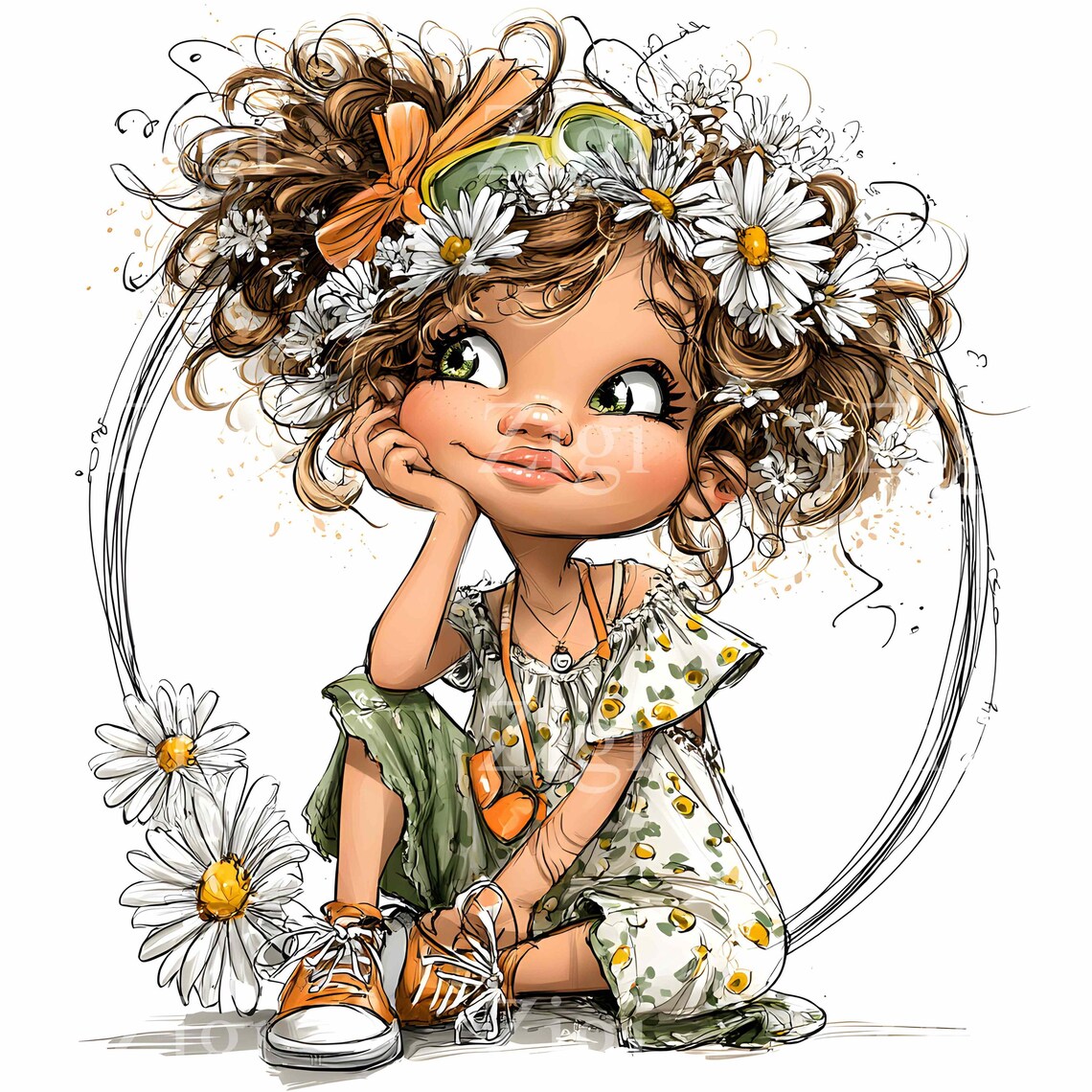 16 JPEG Winking Girl With Daisy Clipart – Cute Child JPG Illustration ...