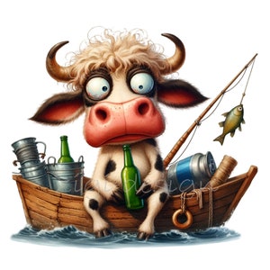 Fishing Cow Digital Clipart 15 PNG - Illustrazione divertente della mucca con attrezzatura da pesca in una barca