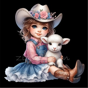 May include: A young girl wearing a blue denim dress and a white cowboy hat with pink and blue flowers is holding a white lamb. She is wearing brown cowboy boots.