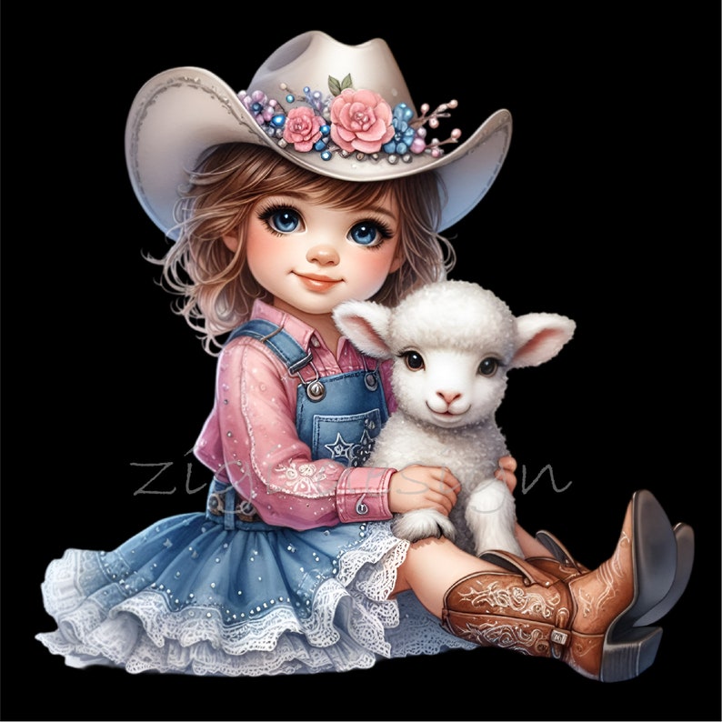 May include: A young girl wearing a blue denim dress and a white cowboy hat with pink and blue flowers is holding a white lamb. She is wearing brown cowboy boots.