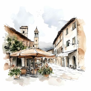 40 Clipart di un villaggio europeo in formato JPEG, Scena di una piazza di un caffè all'aperto in formato JPEG, Illustrazione di una città rustica, Scaricamento di una piazza di campagna, Immagine di viaggio digitale