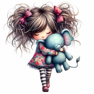 12 PNG Garota fofa com brinquedo de elefante PNG Clipart, Garota de desenho animado caprichosa abraçando bicho de pelúcia, Vestido floral, Arte de berçário, Baixar