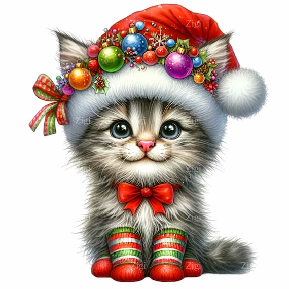 高級感 Kitten Christmas 15 PNG Ornaments and Hat Santa With Clipart イラスト