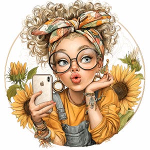 15 Clipart di ragazza girasole in formato JPEG - Illustrazione di un bambino carino con il telefono - Arte floreale stravagante per decorazioni estive, agende o lavoretti per adolescenti