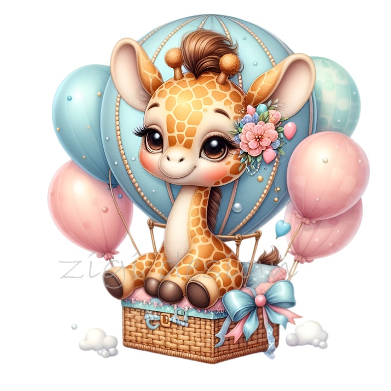 Giraffe in Hot Air Balloon PNG Clipart - Pastel Balloons and Basket - Cute Illustration for Crafts
