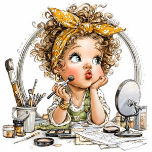 May include: A cartoon illustration of a person with curly hair wearing a yellow polka-dot headband, applying makeup with a brush. Makeup brushes, palettes, and a mirror are on the table. The person is wearing a green overall and white shirt.