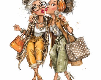 16 PNG Funny ladies PNG – Fashion girls clipart with handbags – Cartoon for girls trip crafts, shirts, cards, printables