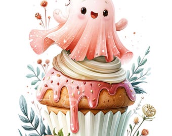 16 PNG Pink Ghost Cupcake, Strawberry Dessert Halloween Clipart Graphics