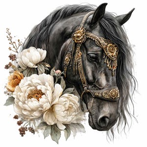 May include: A digital illustration of a black horse's head adorned with an ornate gold bridle and floral accents. Large white and yellow peonies and other foliage frame the horse's face, creating a regal and artistic composition.