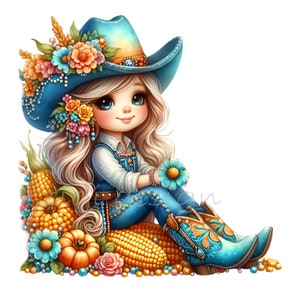12 cliparts de cow-girl d'automne PNG - Récolte occidentale PNG - Art mignon de fille de ferme avec des citrouilles et du maïs pour l'artisanat d'automne, décoration pour enfants, impressions