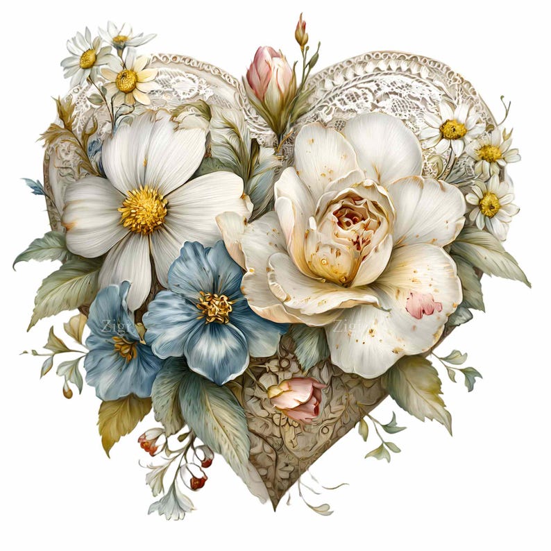 15 PNG Floral Heart Clipart – Vintage Flowers PNG – Romantic Lace ...