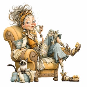 Könnte beinhalten: Illustration einer entspannten Person in einem gelben Sessel, die eine Tasse Kaffee hält. Die Person trägt ein gelbes Stirnband, eine Weste und eine Patchworkhose. Eine Siamkatze sitzt auf einer blauen Tasche neben dem Stuhl.