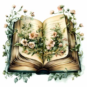 24 Clipart livre floral JPEG JPG | Ouvrez un livre vintage avec des fleurs épanouies et une illustration de vigne | Art botanique