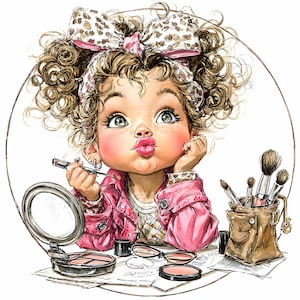 16 Art de fille de rouge à lèvres JPEG - Clipart JPG de maquillage - Personnage mignon aux cheveux bouclés pour les planificateurs girly, affiches de vanité, décoration murale de salon, autocollants