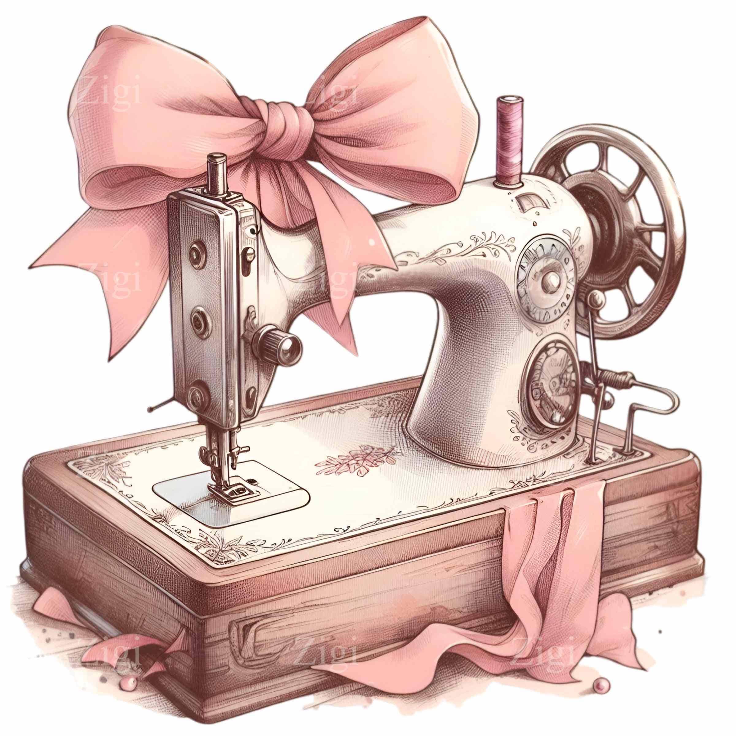 Vintage Sewing Machine Clipart with Pink Bow, 12 Retro Sewing Art, Digital PNG, Craft Room Decor, Seamstress Graphic
