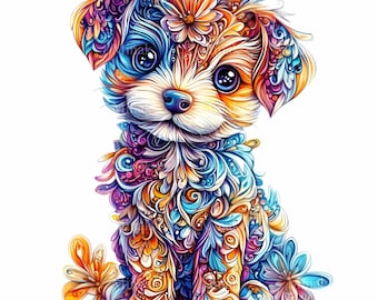 May include: A colorful, abstract illustration of a small dog with a flower on its head. The dog is sitting and has a whimsical, stylized design with swirls and floral patterns in shades of blue, purple, orange, and yellow.