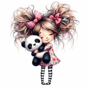 15 Clipart PNG de fille avec un panda - jolie fille avec de grands noeuds, un panda en peluche dans ses bras, une robe à fleurs et des collants rayés - téléchargement numérique