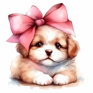 Clipart puppy met roze strik, 12 schattige hondenillustratie, digitale png-kunst, decor kinderkamer, afbeelding huisdierliefhebber