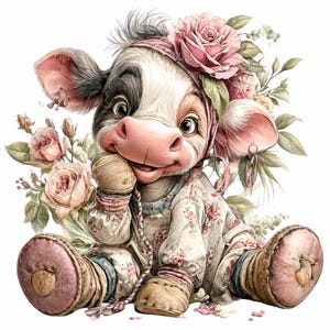 May include: A whimsical illustration of a cow calf, adorned with a pink floral headband and roses. The calf is dressed in a floral print outfit and boots, with a sweet expression. The artwork has a soft, pastel color palette.