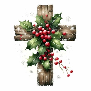 16 imágenes prediseñadas de cruces navideñas JPEG: acebo rústico JPG para arte mural navideño, tarjetas de felicitación, manualidades de invierno, imprimibles religiosos y pegatinas para planificadores.