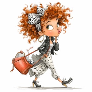 Puede incluir: Ilustración de un personaje estilizado con cabello rizado rojo, vistiendo una chaqueta de cuero negra, una camiseta a rayas y pantalones de lunares. Lleva un bolso rojo y zapatos negros con tacones. Un lazo de lunares adorna su cabeza.