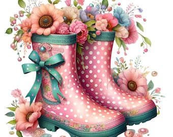 15 Pink Polka Dot Rain Boots Floral Png Spring Sublimation
