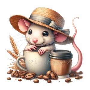 15 bébé souris café PNG Clipart, jolie souris au chapeau de paille avec des grains de café, téléchargement numérique