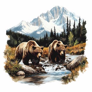 16 cliparts JPEG de montagne de grizzly d'ours, image JPEG de scène de nature de faune, art numérique de cascade de forêt rustique