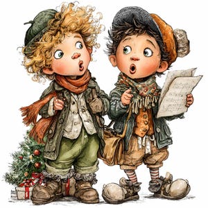 10 PNG Victorian boys – Christmas caroling PNG clipart – Vintage winter kids art for holiday cards, christmas crafting and season decor